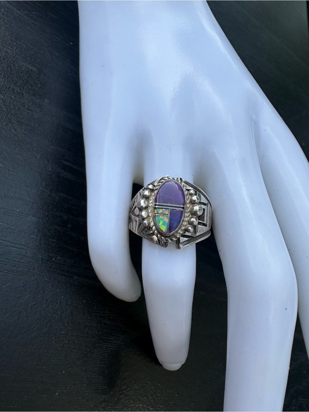 LP (Loren Philips) Native American Sterling Silver Purple Mosaic Ring - Size 8